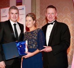 Donal O'Donohue and Elaine Liston from Hudson winners of the Best in Practice in Accountancy and Finance accepting the Award from Eamoon Doherty (sponsor) of Brennans Insurance and Hiscox