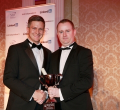 Liam Ryan Winner of Recruitment Consultant of the year (permanent roles) with Sponsor from Recruit Ireland Ronan O' sullivan